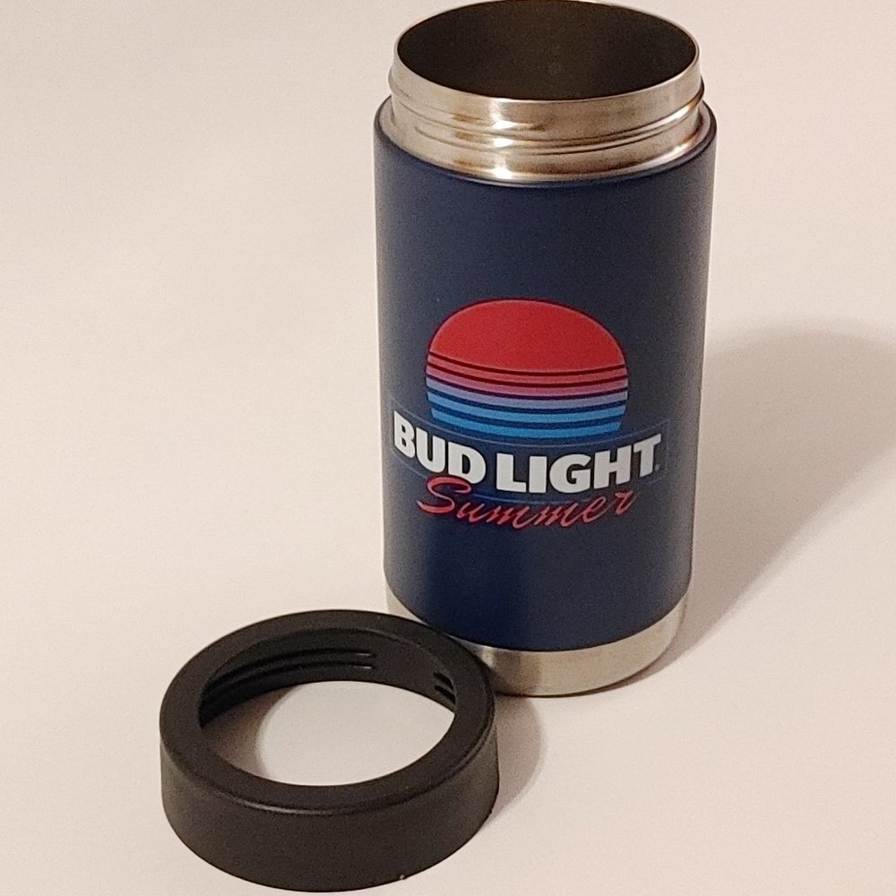 Bud Light SUMMER Beer Koozie Can METAL Cooler Koozie Screw Top Lid